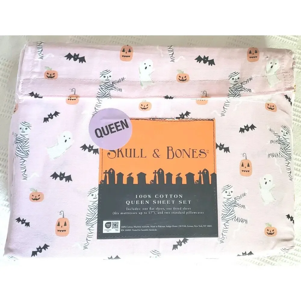 Halloween Queen 100% Cotton Sheet Set NWT Pink Ghost Mummy Pumpkin Bat
